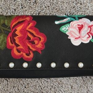 Gianni Bini Black Clutch with Vibrant Floral Embroidery